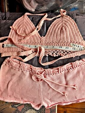 Pink Crochet Bikini Top and Knit Shorts Swim Coverup Set